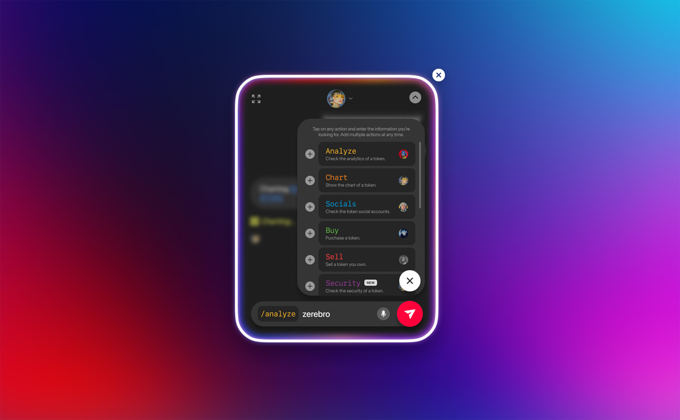 GUI with open actions panel